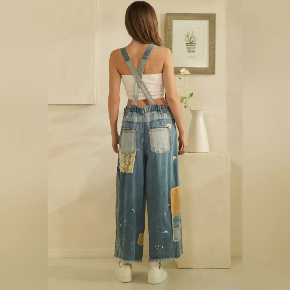 #1374 Oli & Hali Boho Starlight Patchwork Wide-Leg Denim Overalls - Picture 8 of 8